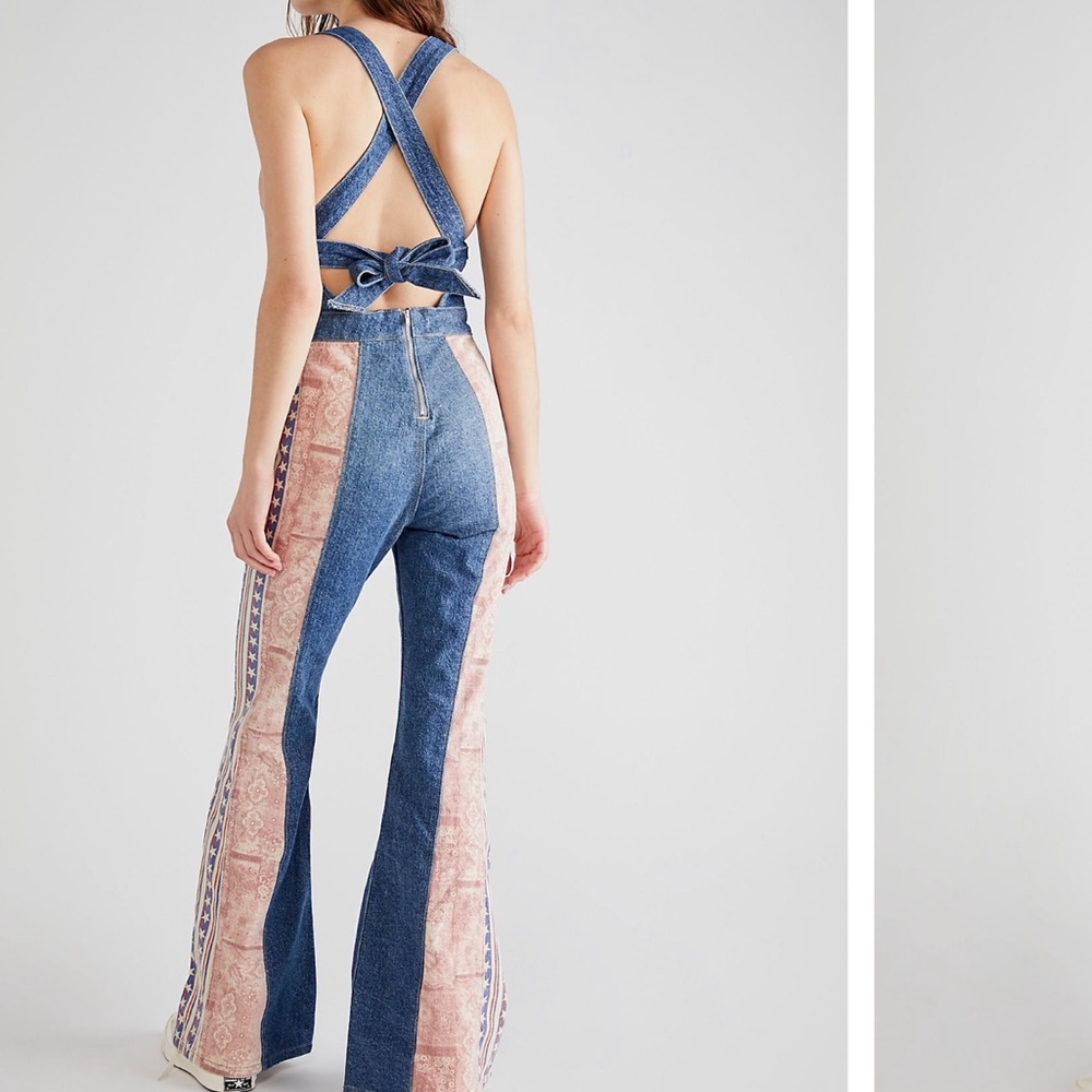 Free People Dallas Flare Jumpsuit Overalls Patchwork Stars and Stripes 6